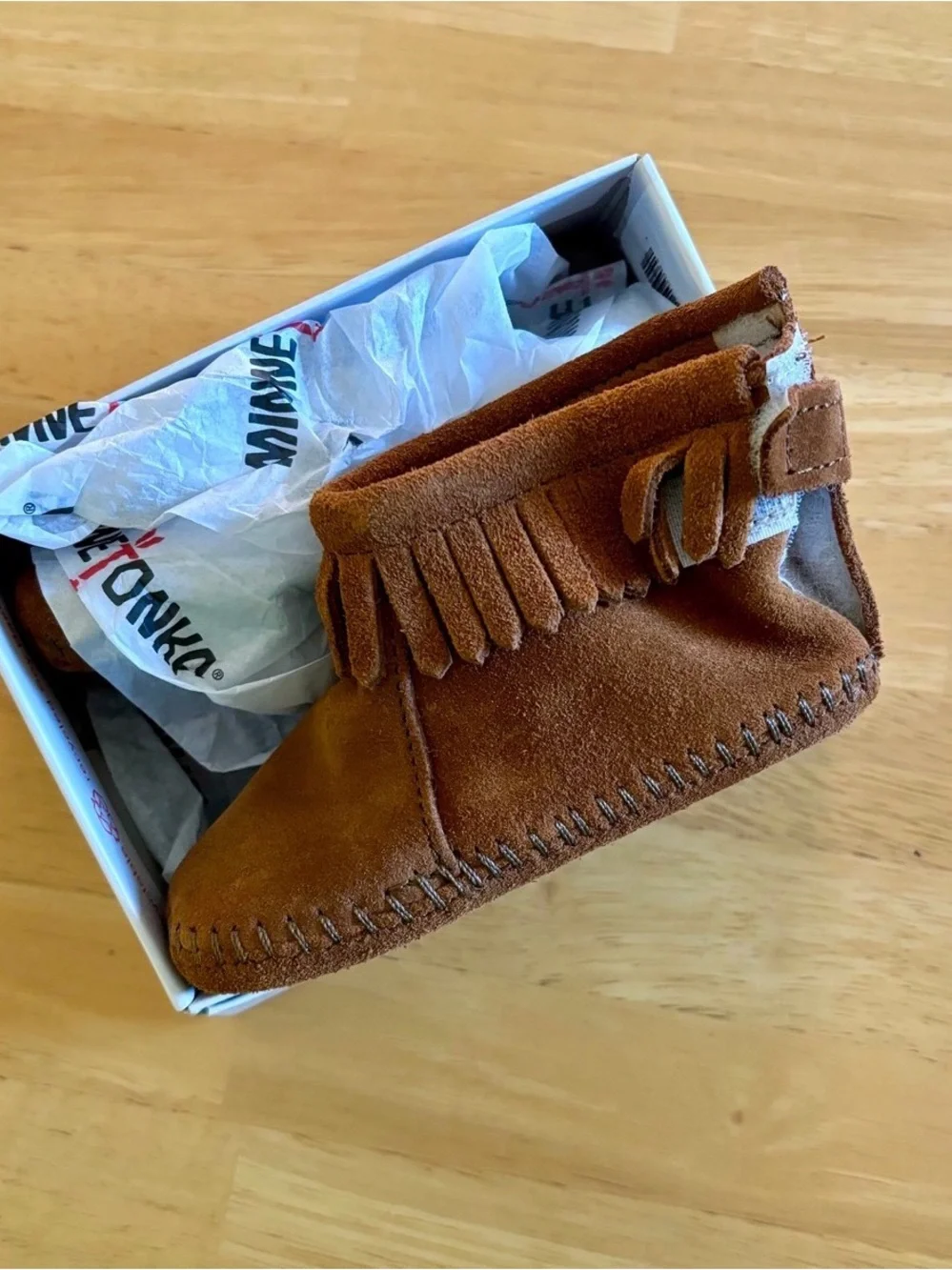 Minnetonka Brown Suede Fringe Kids Moccasin